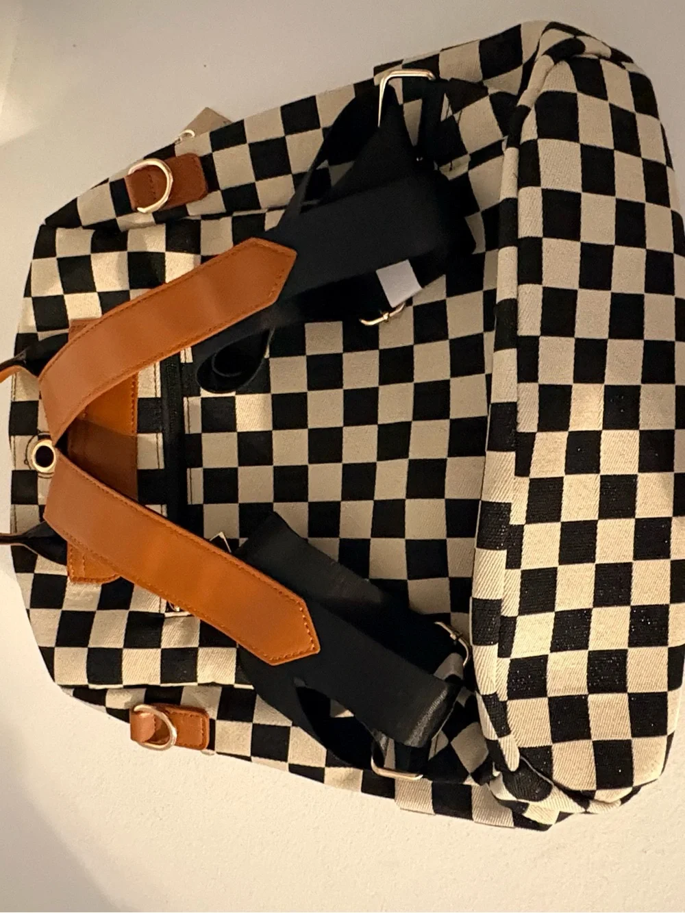 Checkerboard Canvas Backpack with Tan Trim
